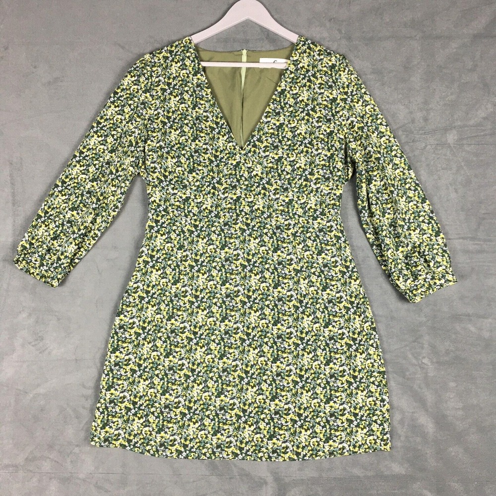 Commense Green Floral Multicolor Mini Dress Balloon Sleeve Summer Chic Womens XL